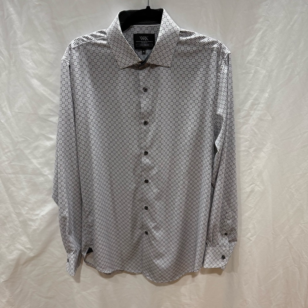 WRK 4-Way Stretch Button Front Shirt Size 16 Geometric Print  Lightweight Office